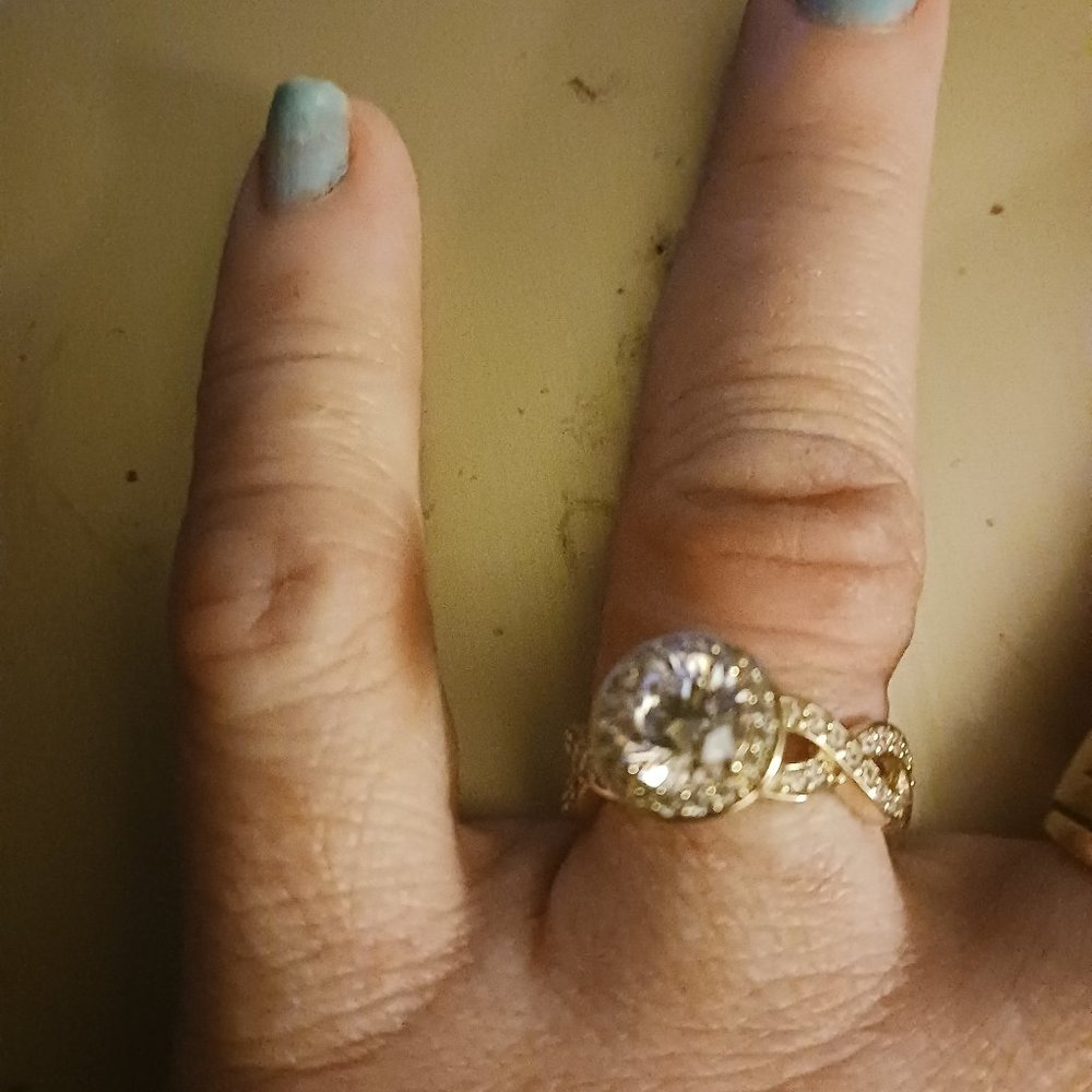 Women's Engagement ring round Halo Diamond Rhinestone with tiny faux diamond ban